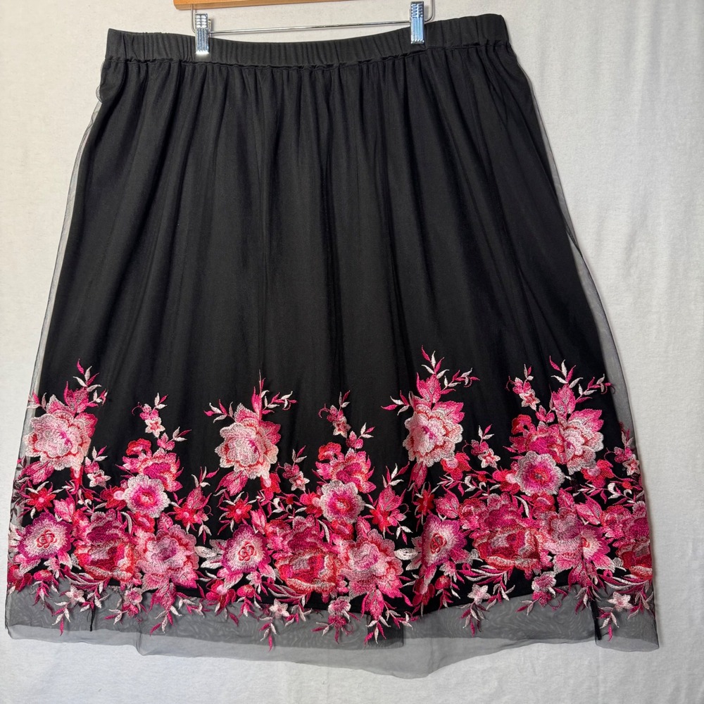 Du Jour Black Mesh Floral Embroidered Midi Skirt Pink Flowers Plus Size 2X